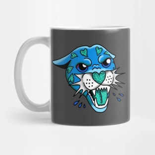 American Traditional Panther Tattoo with Hearts, Blue and Teal, with Sparkles and glitter cute gift Mug